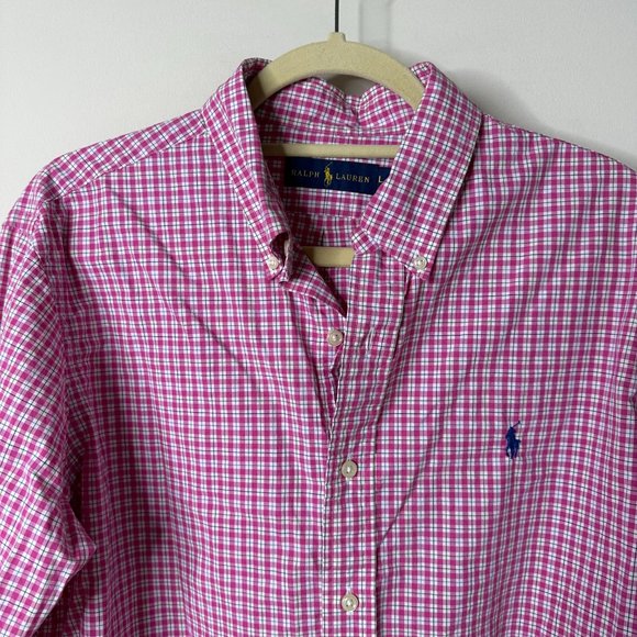 Ralph Lauren Pink Plaid Button Down Shirt Large - Picture 2 of 5